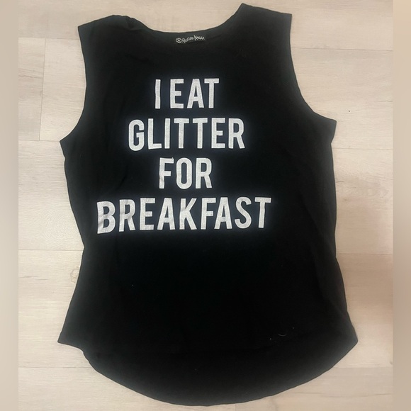 Recycled Karma Tops - Black Graphic Tank - “I Eat Glitter for Breakfast” large